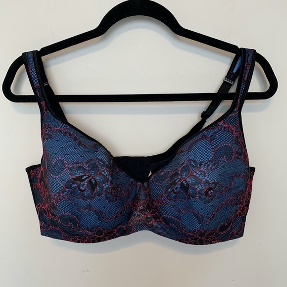 Cacique Other - CACIQUE BLUE & BLACK UNDERWIRE  BRA W/RED LACE ON THE FRONT SIZE 42DDD